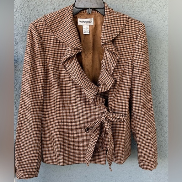 Bloomingdale's Jackets & Blazers - Bloomingdale’s Plaid Wool Ruffle Neckline Front Tie Blazer Size 12